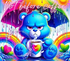 a blue teddy bear holding a coffee cup in front of a rainbow - colored background