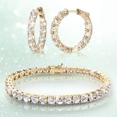 Every lady should own a tennis bracelet and matching earrings. These classic pieces of jewelry are just the right, believable size. Crafted from the finest sterling silver, finished in gold and expertly set with white Diamondeau®, flawless simulated diamond. Flawless and completely adaptable to suit any outfit. The perfect combination. Fine Jewelry Cubic Zirconia Tennis Bracelet Channel Set, White Cubic Zirconia Tennis Bracelet For Everyday Luxury, Classic Channel Set Cubic Zirconia Jewelry, Cubic Zirconia Channel Set Tennis Bracelet For Wedding, Diamond Flawless, Guitars For Sale, Automatic Watches For Men, Gold Collection, Pendant Rings