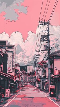 a city street filled with lots of buildings under a pink sky covered in fluffy clouds