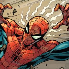 the amazing spider - man is flying through the air with his hands in the air