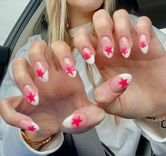 #nailart #nailinspo #naildesign #acrylics #frenchtipnails Star French Tips Nails, Star Nail French Tip, Pink Star Almond Nails, Pink Almond Design Nails, White Nails With Pink Stars, Star Nails With French Tip, Cocette Nail Ideas, Hot Pink Star Nails, Short Almond Gel X Nail Designs