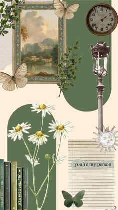 a collage with flowers, books and a clock