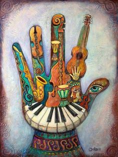 a painting of a hand with musical instruments on it