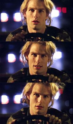 three different shots of a man with blonde hair and blue eyes, in front of a blurry background