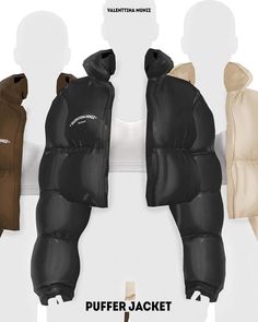 three different types of snowsuits hanging on a clothes line with the words puffer jacket