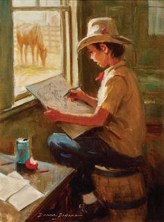 a painting of a boy writing in front of a window with cows outside the window