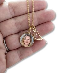 "Customer satisfaction is our top priority and we have over 79,000 sales and over 16,000 5 star reviews! One customer writes \"it was like getting a hug from mom\"  ⭐️ ⭐️ ⭐️ ⭐️ ⭐️ Custom Photo Memorial Necklace, Loss of Loved One Charm Necklace, Stainless Steel Custom Picture necklace, In Memory Jewelry  Gold Plated over Stainless steel custom photo pendant with YOUR photo, Angel wing charm, makes a beautiful tribute to a special someone (loss of loved one) Included is a Gold Plated stainless st Personalized Gold Charm Necklace For Memorial, Personalized Gold Charm Necklaces For Memorial, Customized Stainless Steel Jewelry For Memorials, Customized Stainless Steel Jewelry For Memorial, Customized Stainless Steel Memorial Jewelry, Memory Jewelry, Boss Birthday Gift, Handwriting Necklace Custom, Handwriting Necklace