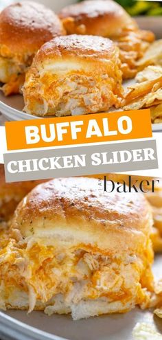 buffalo chicken sliders on a white plate with text overlay that reads buffalo chicken sliders