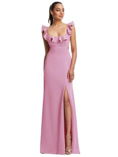 Ruffle-Trimmed Neckline Cutout Tie-Back Trumpet Gown Romantic Essence, Uzun Boy, High Low Bridesmaid Dresses, Crepe Maxi Dress, Girls Dress Shop, Elegant Bridesmaid Dresses, Social Dresses, Plus Size Bridesmaid, Trumpet Gown