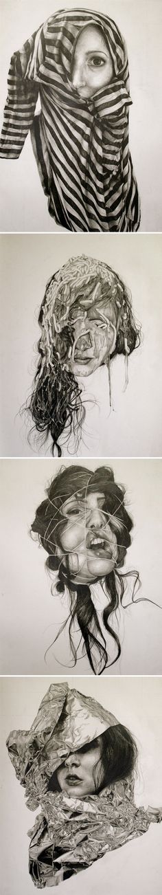 four different views of the same object in black and white, each with an image of a woman's face