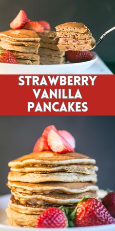 Light, fluffy and delicious, these easy Strawberry Vanilla Pancakes will be ready in under 30 minutes! #strawberrypancakes #homemadepancakes #easyrecipe