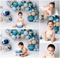 a collage of photos shows a baby in front of a cake and balloon wall