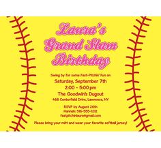 a softball themed birthday party with pink and yellow text on the front, along with an image of a baseball