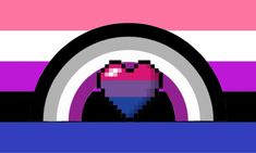 an image of a pixellated character in front of a pink, purple and blue background