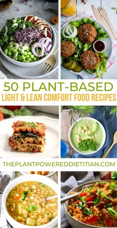 the plant - based light and lean comfort food recipe book is shown in four different pictures