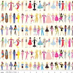 a large group of barbie dolls standing next to each other on a white wallpaper