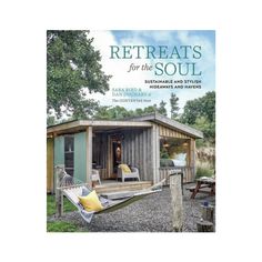 a book cover with a hammock in front of a small shed and patio