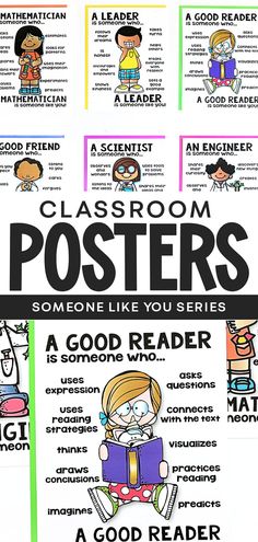 a poster with the words classroom posters on it and pictures of children reading books in front of them