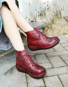 Leather Woven Lace-up Retro Platform Winter Boots — Obiono Red Casual Wedge Boots With Round Toe, Red Round Toe Casual Wedge Boots, Casual Red Wedge Boots With Round Toe, Red Casual Round Toe Wedge Boots, Platform Winter Boots, Wide Feet Shoes, Red Coffee, Sheepskin Boots, Chunky Heels Sandals