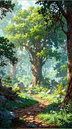 a painting of a forest with lots of trees and rocks in the foreground, on a sunny day