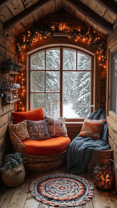 a living room with a large window covered in christmas lights