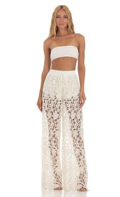 Crochet Two Piece Pants Set in Ivory | LUCY IN THE SKY Crochet Two Piece, Lined Pants, Embroidered Lace Fabric, Two Piece Pants Set, Winter Formal, Loungewear Jumpsuit, Casual Wedding, Short Rompers, Embroidered Lace