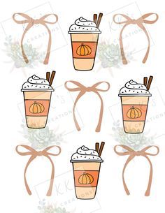 four cups with pumpkins and cinnamon on them, tied in brown ribbon to the side