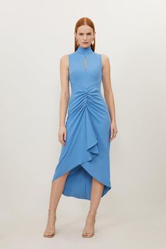 Express Confidence With This Midi Dress That Sculpts The Silhouette With Ruched Detail That Drapes Through The Front. Presented With A High Neck, Sleeveless Design And Key Hole Detail, Pair With Silver Heels And Accessories For A Smart Wear.Ruched Detailsleevelesshigh Low Hem Smart Wear, Petite Midi Dress, Summer Bridesmaid Dresses, High Neck Midi Dress, Casual Work Dresses, Spring Wedding Guest Dress, Ibiza Outfits, Soft Tailoring, Fall Wedding Guest Dress