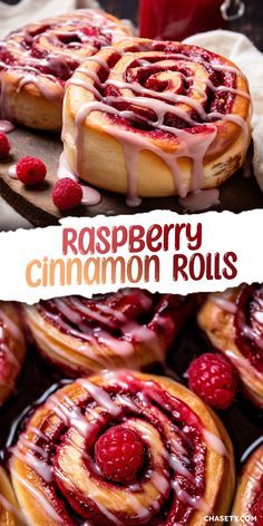 raspberry cinnamon rolls with icing and fresh raspberries