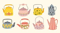 tea kettles with different designs on them