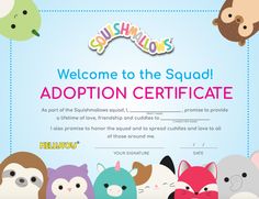 a certificate with cartoon animals and the words, welcome to the squadd adoption certificate