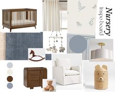 a baby's room is shown with neutrals and blue accents, including a crib