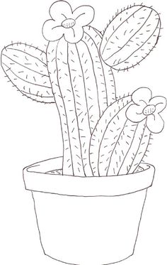 a drawing of a cactus in a pot with flowers on the top and leaves on the bottom