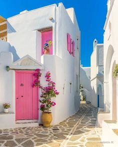 a pink door is on the side of a white building with flowers in a pot