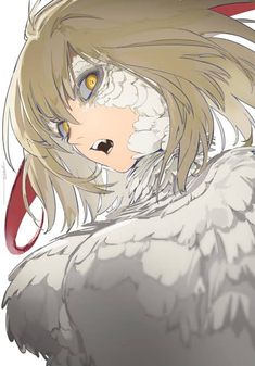 an anime character with long blonde hair and big eyes, wearing a white bird costume