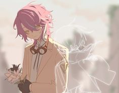 an anime character with pink hair and headphones holding flowers in her hands while looking at the camera