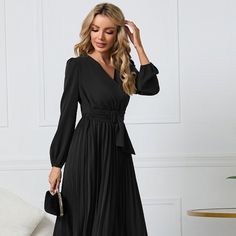 Features: Pleated Sheer: Opaque Stretch: Slightly Stretchy Body: Not Lined Material Composition: 95% Polyester, 5% Spandex Care Instructions: Machine Wash Cold. Tumble Dry Low. Imported Product Measurements: S: Shoulder 13.7 In, Bust 35.9-39.8 In, Sleeve Length 24 In, Length 46.4 In M: Shoulder 14 In, Bust 37.4-41.3 In, Sleeve Length 24 In, Length 46.8 In L: Shoulder 14.4 In, Bust 39-42.9 In, Sleeve Length 25 In, Length 47.2 In Xl: Shoulder 14.8 In, Bust 41.3-45.2 In, Sleeve Length 25 In, Length Black A-line Long Sleeve Dress For Winter, Elegant Belted V-neck Maxi Dress, Black Long-sleeve Dresses With Blouson Sleeves, Black Pleated Long-sleeve Dress, Black Midi Dress With Long Sleeves, Non-stretch, Midi Prom Dress, Glamorous Dresses, Plus Size Prom Dresses, Modern Dress