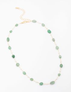 Add detail to your necklace stack with this dainty, gold plated chain necklace. This unique chain features a collection of stationed, green aventurine, semi-precious stones. Perfect for adding a natural pop of colour to your outfit! Material: Gold Plated, Green Aventurine Dimensions: Length 40cm Extender: 8cm Weight: 8.8g | Lovisa Gold Plated Alternating Semi-Precious Stone Chain Necklace, Blue Green Dainty Chain Necklace, Necklace Stack, Necklace Blue, Semi Precious Stones, Gold Plated Chains, Green Aventurine, Semiprecious Stones, Precious Stones, Semi Precious