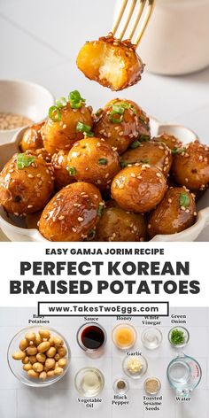 the recipe for perfect korean baked potatoes is shown on a plate with chopsticks