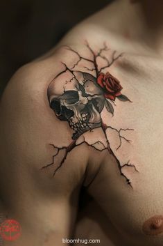 a man with a rose on his chest has a skull and roses tattoo on it