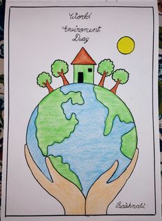 a drawing of two hands holding the earth with trees and a house on it that says world environment day