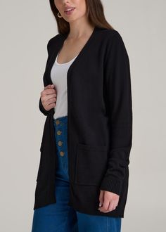 The Only Long Cardigan for Tall Women Indulge in Cozy Coverage Wrap yourself in the warmth and style of our Open Front Long Cardigan Sweater, designed specifically for tall women. This cardigan goes beyond hip length, offering ample coverage and a chic silhouette that complements any outfit. Whether you’re dressing up for the office or winding down over the weekend, this tall women's cardigan sweater is your layering hero, ready to add style and warmth to any ensemble.• Extra-long sleeves and le Black Soft Knit Outerwear For Everyday, Cozy Long Black Cardigan, Black Soft Knit Everyday Outerwear, Everyday Black Soft Knit Outerwear, Black Winter Sweater Coat For Loungewear, Black Sweater Coat For Winter Loungewear, Long Black Cardigan With Pockets, Black Cardigan For Fall Loungewear, Black Winter Sweater Coat For Everyday