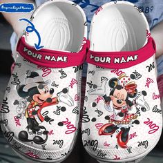 Custom Name Dancesport Mickey And Minie Mouse White Clogs For Kids & Adults Mickey Minnie Love, Clog Crocs, Crocs Slippers, Mickey And Minnie Love, White Clogs, Nurse Shoes, Shoes Crocs, Iconic Shoes, Beach Running