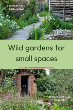 the cover of wild gardens for small spaces, featuring an outhouse and garden path