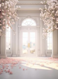 an open door with pink petals on the floor and flowers all around it in front of them