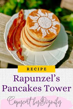 Tower of pancakes with a powdered sugar sun on top, and a side of bacon. Disney Pancakes Recipe, Rapunzel Recipes, Disney Brunch Ideas, Disney Breakfast Recipes, Disney Inspired Food Recipes, Disney Themed Breakfast, Rapunzel Themed Food, Disney Pancakes, Disney Breakfast Ideas