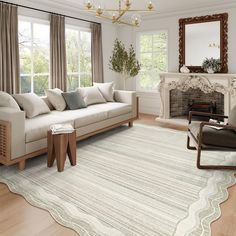 a living room filled with furniture and a fire place in front of a window on top of a hard wood floor