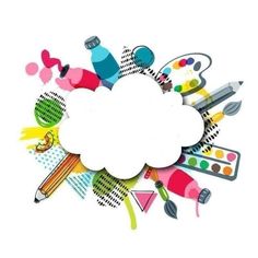 a white cloud surrounded by different colored pencils and crayons on a white background