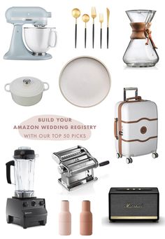 an assortment of kitchen appliances and utensils with the words build your amazon wedding registry