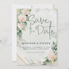 save the date card with watercolor flowers and greenery on white marble background for wedding